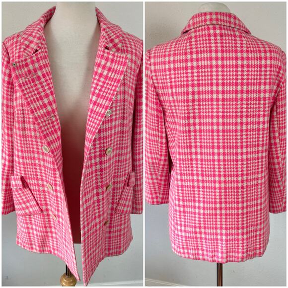 Vintage 60s Hot Pink Houndstooth Tweed Mod‎ Peacoat Jacket // Size Medium - Picture 3 of 7